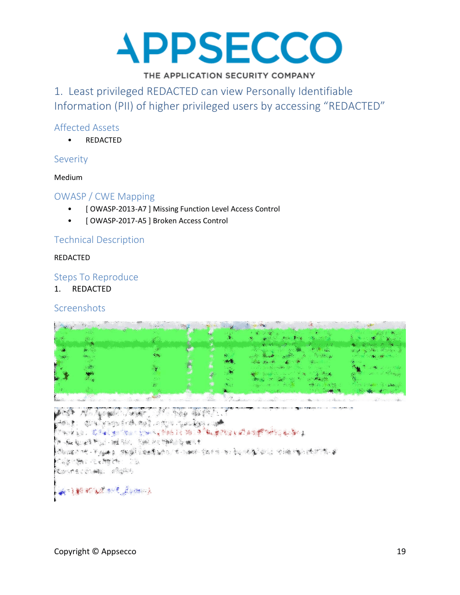 Page 19 of Appsecco's redacted sample report showing a finding title, affected assets, severity, mappings, technical description, reproduction steps, and evidence