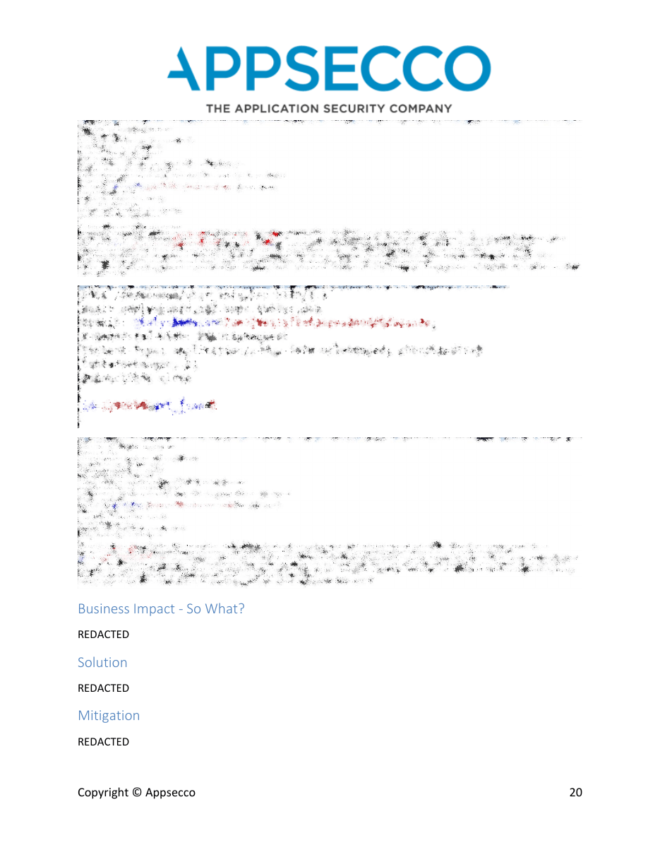 Page 20 of Appsecco's redacted sample report showing evidence followed by business impact, solution, and mitigation sections